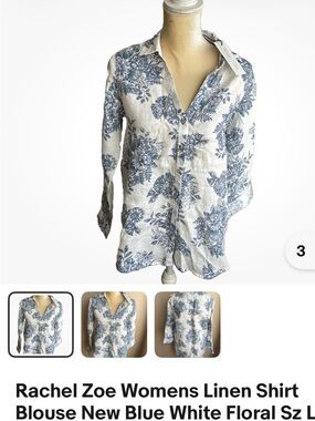 Rachel Zoe Women's Linen Shirt Blouse Blue White Floral Sz L
